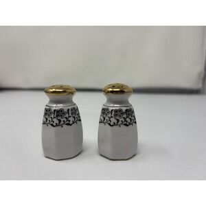 Japan Mini Salt & Pepper Shakers Set White Black Floral Leaf Design Vintage MCM